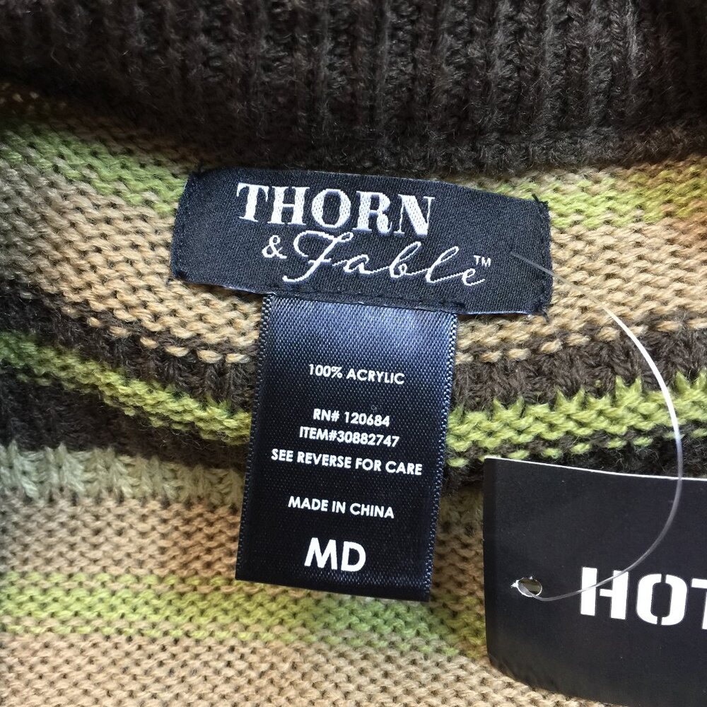 New! Thorn & Fable Sweater M Men’s Green Brown Striped Pocket Long Sleeve - Picture 3 of 16